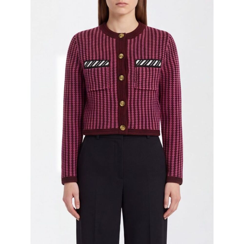 Versace Women Versace Striped Virgin Wool Crewneck Cardigan With Patch Pockets
